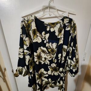 West Kei Floral Wrap Blouse - Navy and White